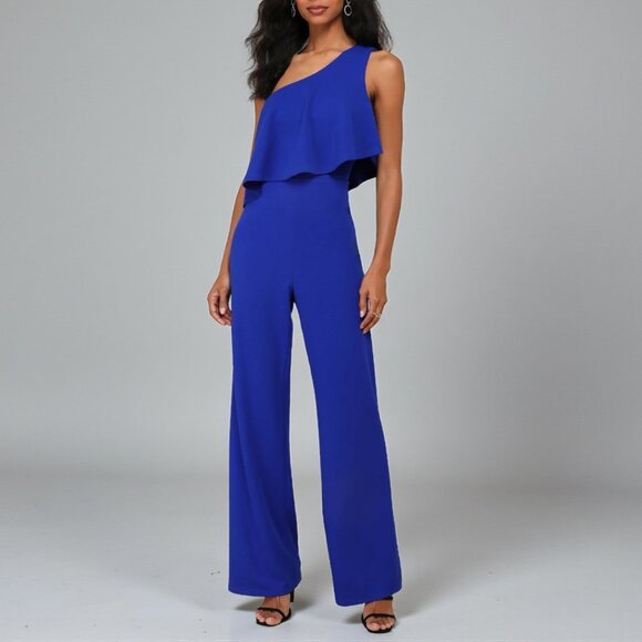 Lulus Flawless Vibes Royal Blue One-Shoulder Tiered Wide-Leg Jumpsuit Size XL - Picture 1 of 12